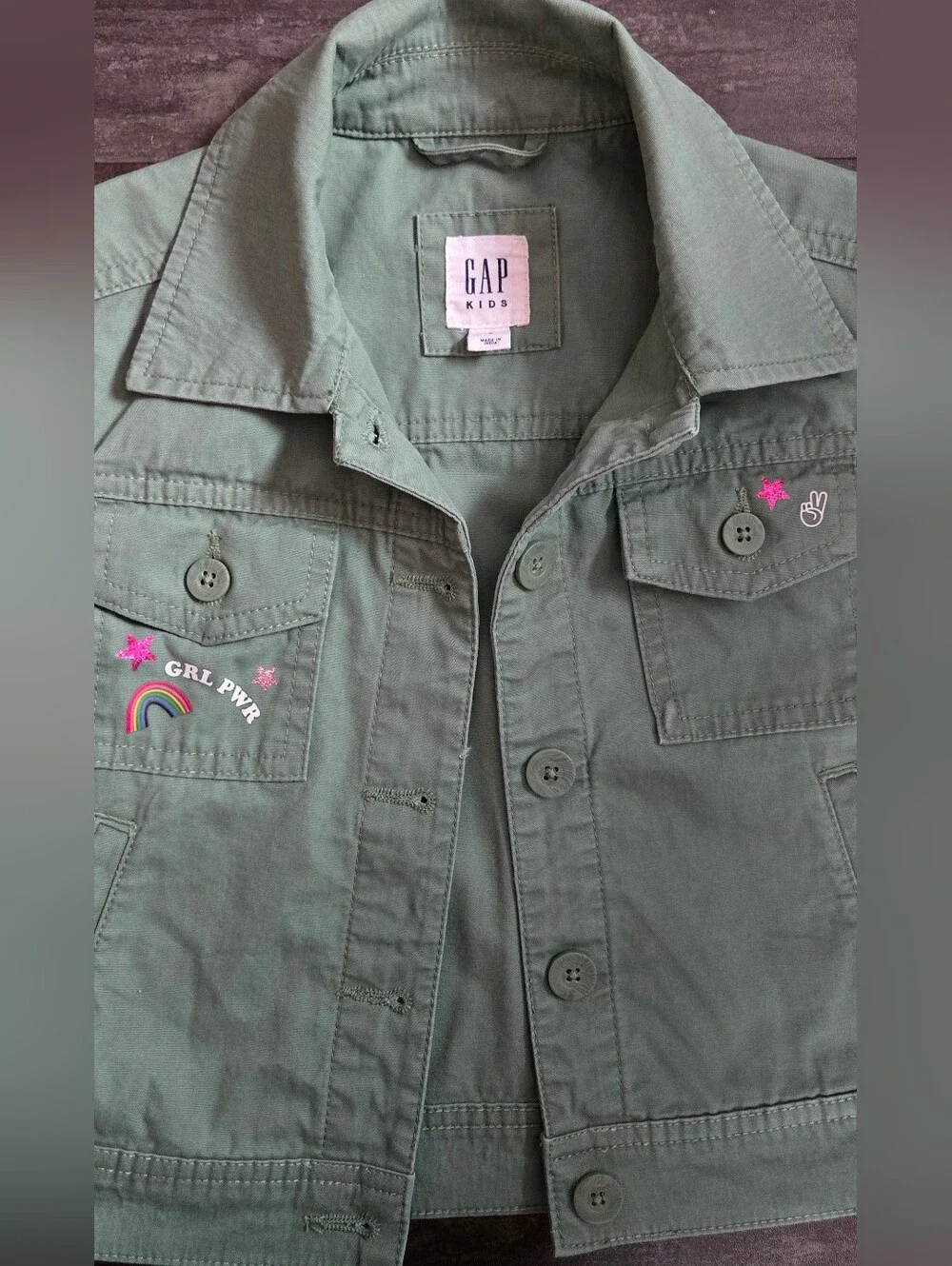 GAP Girls' Mint Green Jean Jacket with Embroidered Patches
